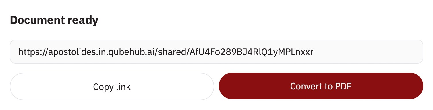 Document ready: the shared link, with Copy link and Convert to PDF buttons