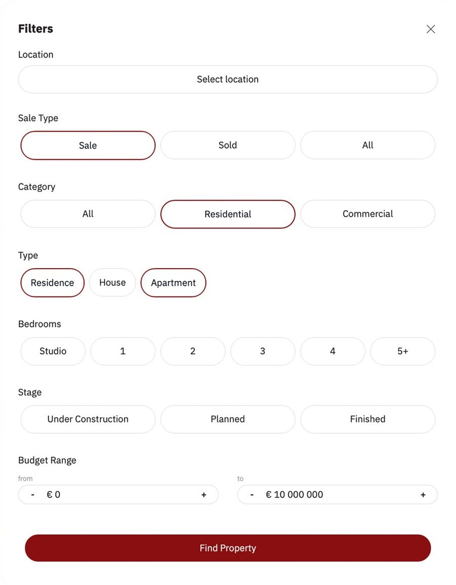 Filters panel: location, sale type, category, type, bedrooms, stage and budget range, with a Find Property button