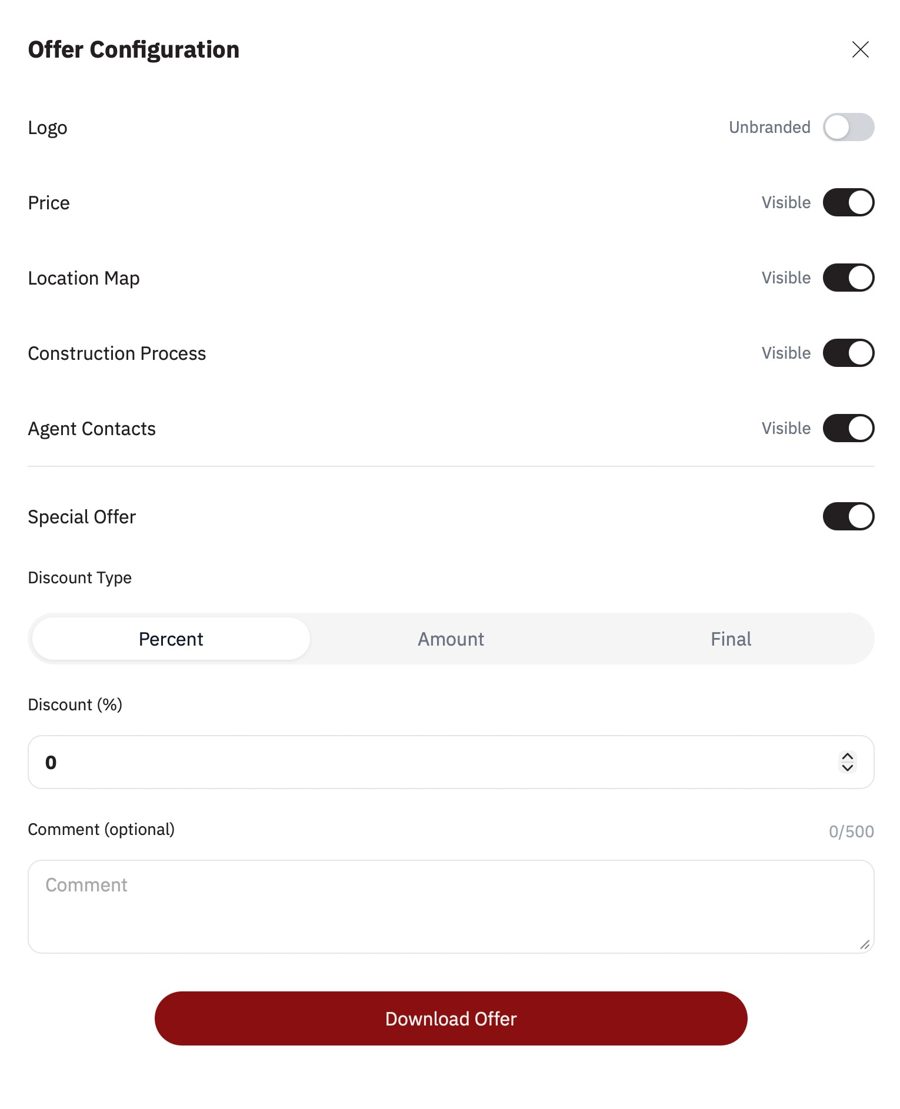 Offer Configuration: switches for logo, price, map, construction and agent contacts, a special-offer discount, a comment, Download Offer
