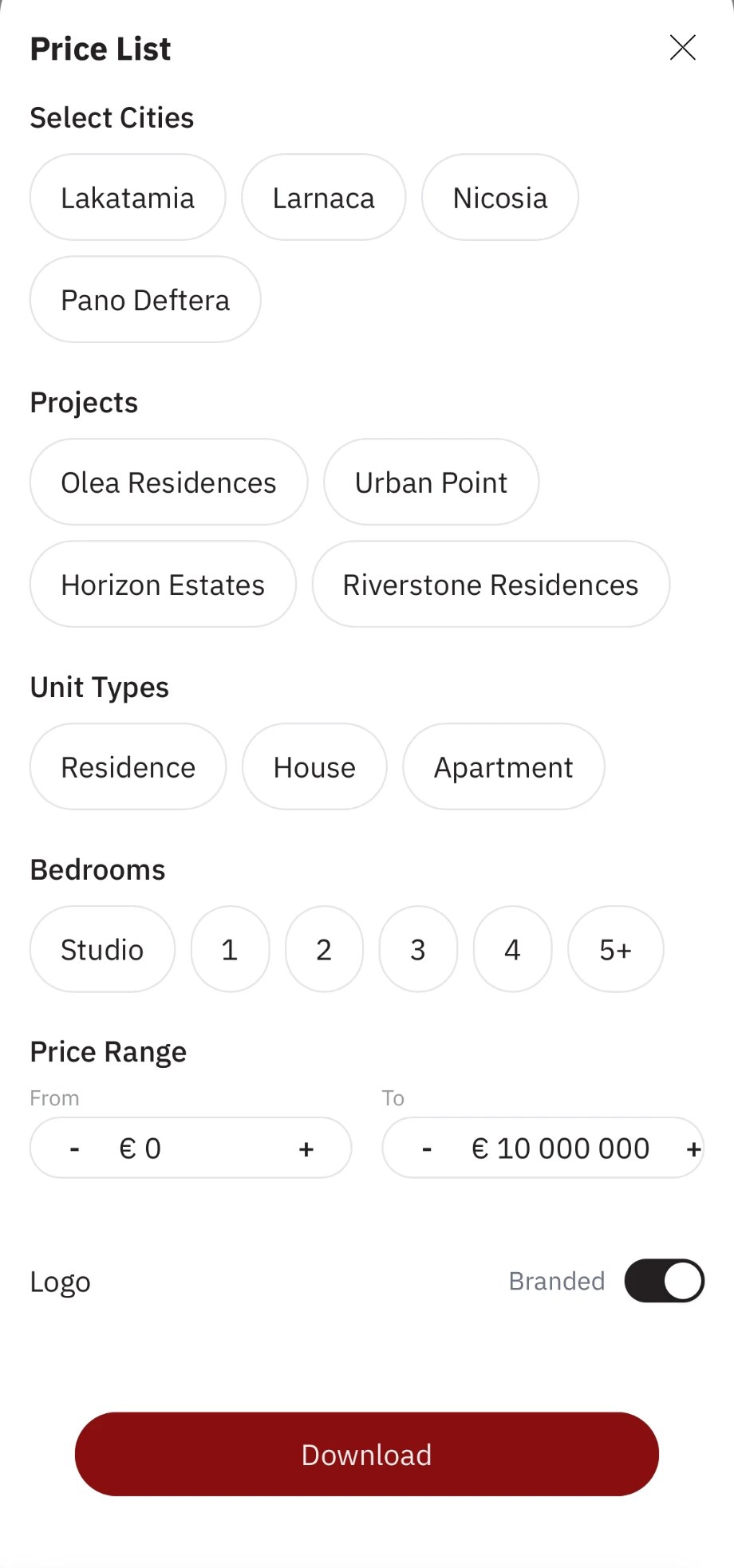 Price List: cities, projects, unit types, bedrooms, price range, branded logo and a Download button