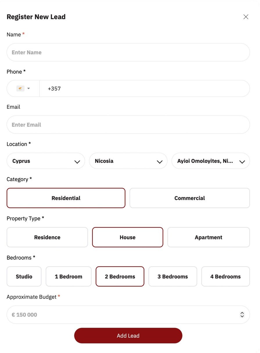 Register New Lead form: name, phone, email, location, category, property type, bedrooms and approximate budget, with an Add Lead button