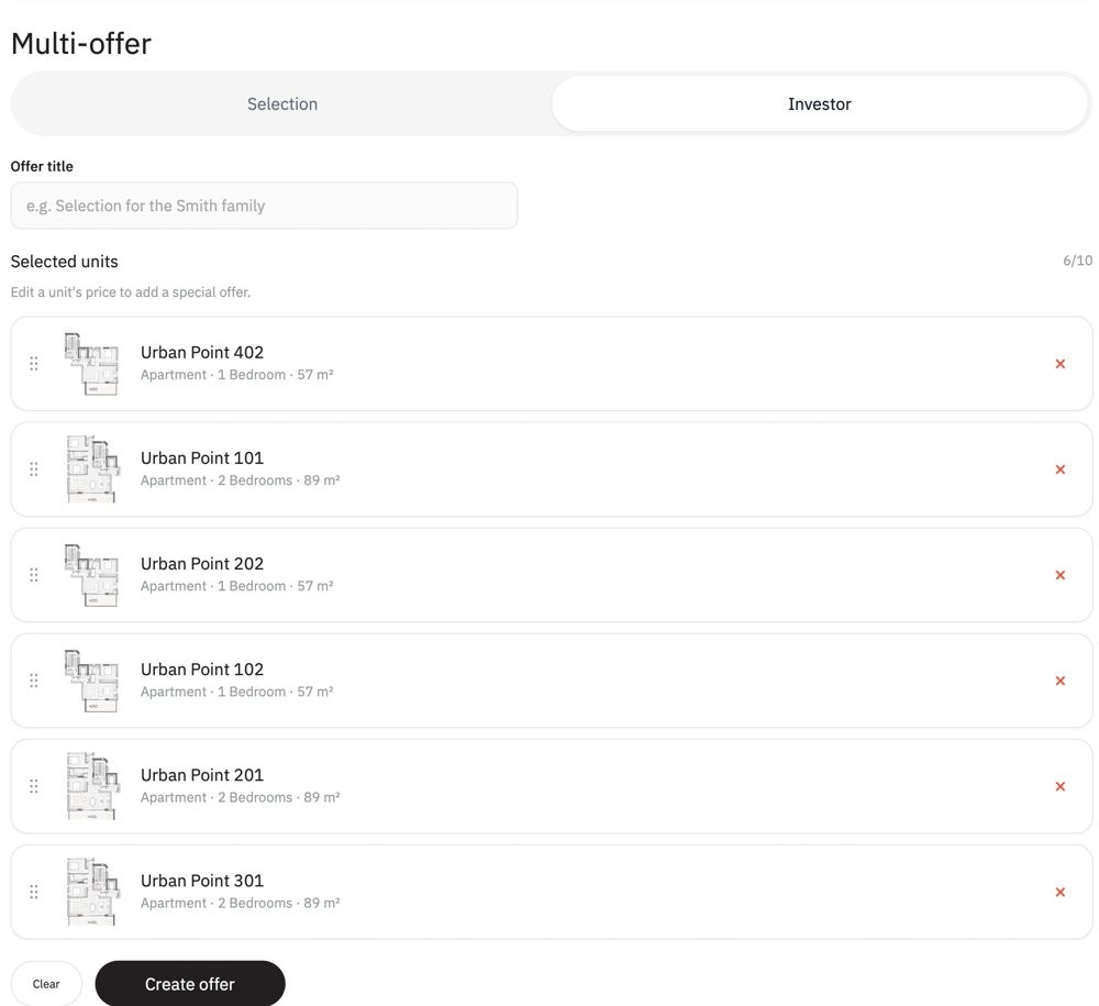 Multi-offer with Selection and Investor tabs, an offer title field and six Urban Point units, each with an editable price