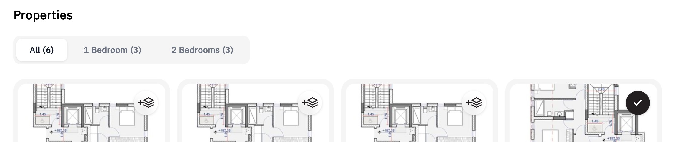 A project's Properties list: three unit cards with the stack-and-plus icon, a fourth already ticked