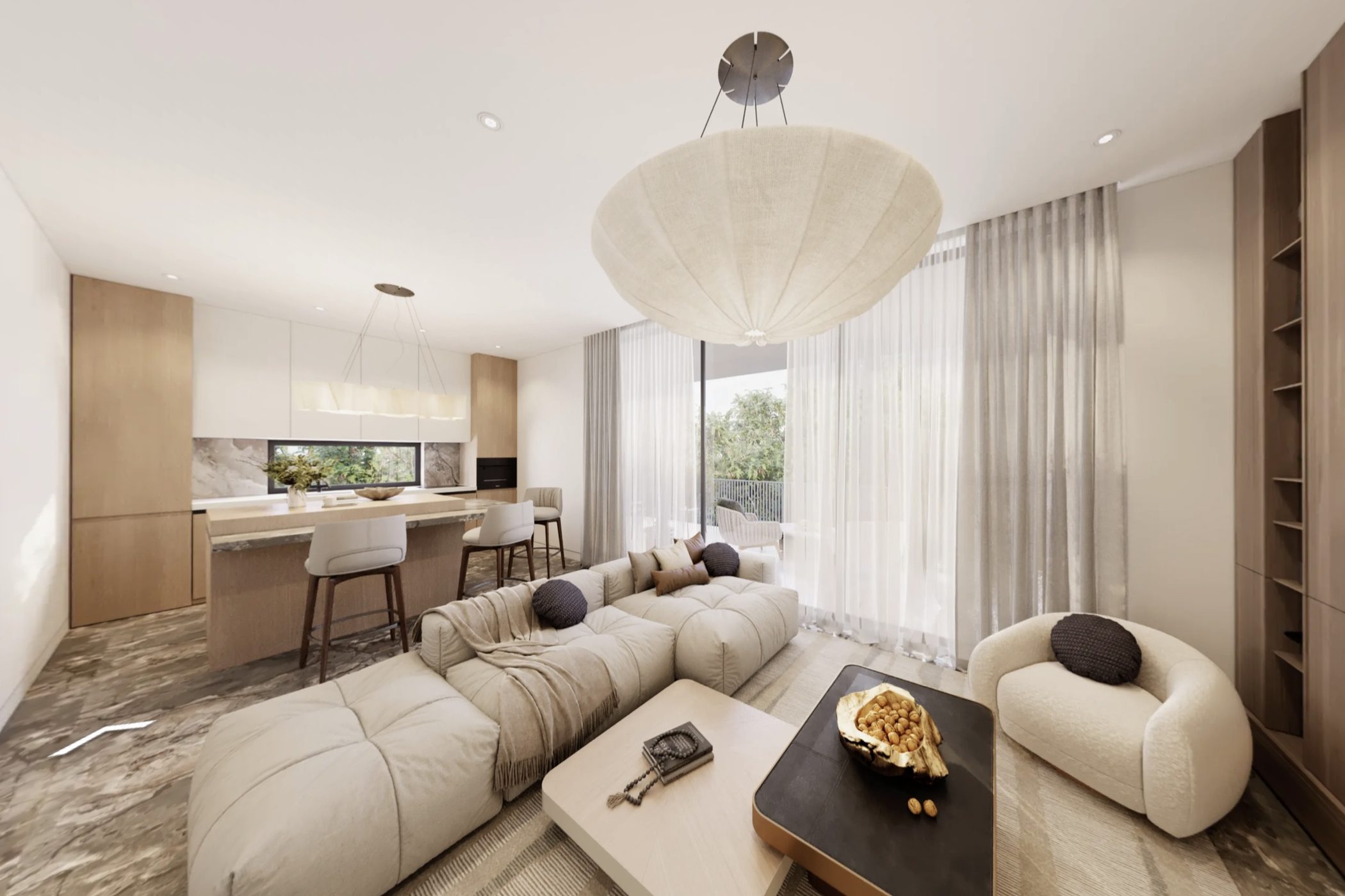Living room with the kitchen behind