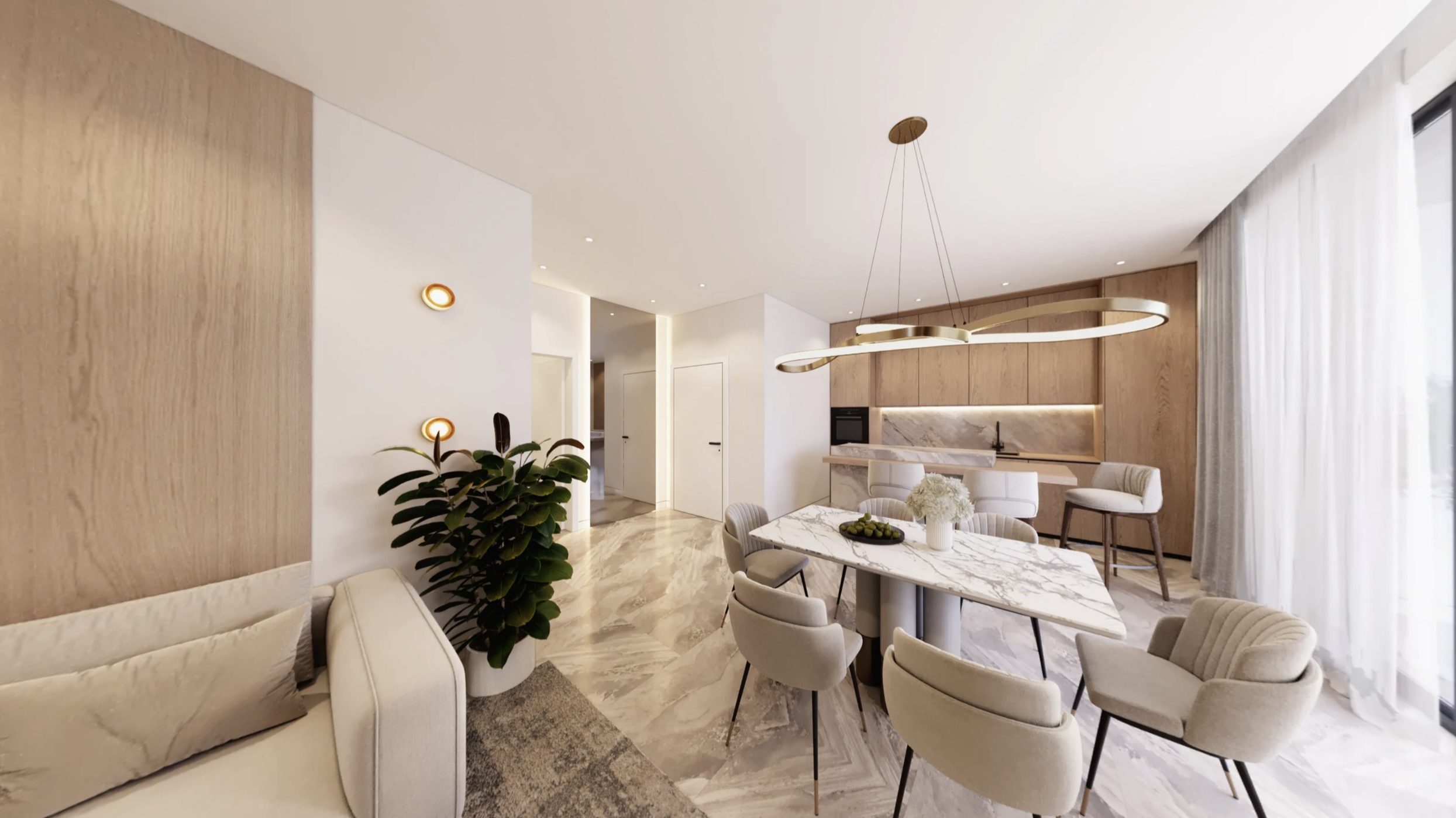 Open-plan living, dining and kitchen