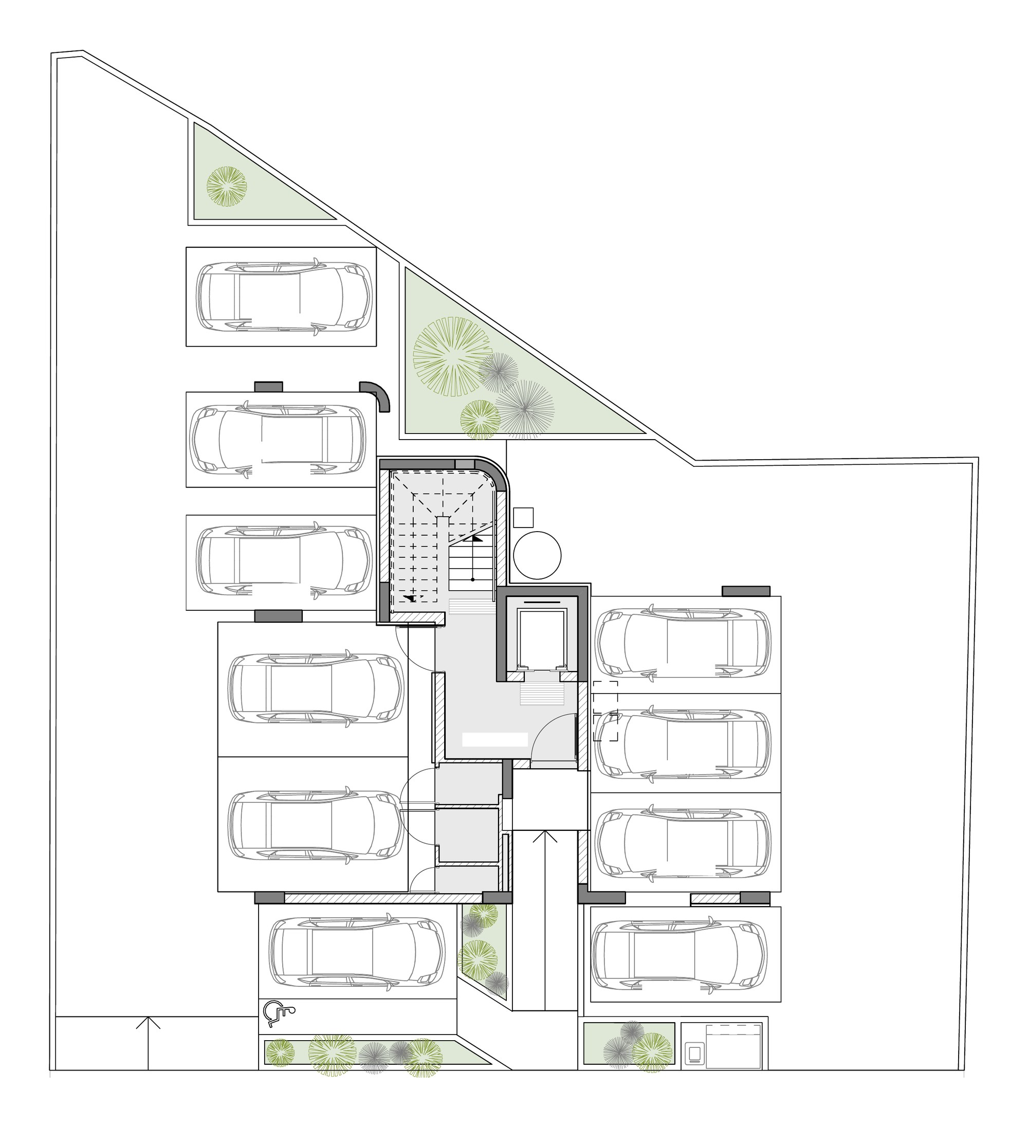 Ground floor plan: parking spaces, storage rooms and the entrance
